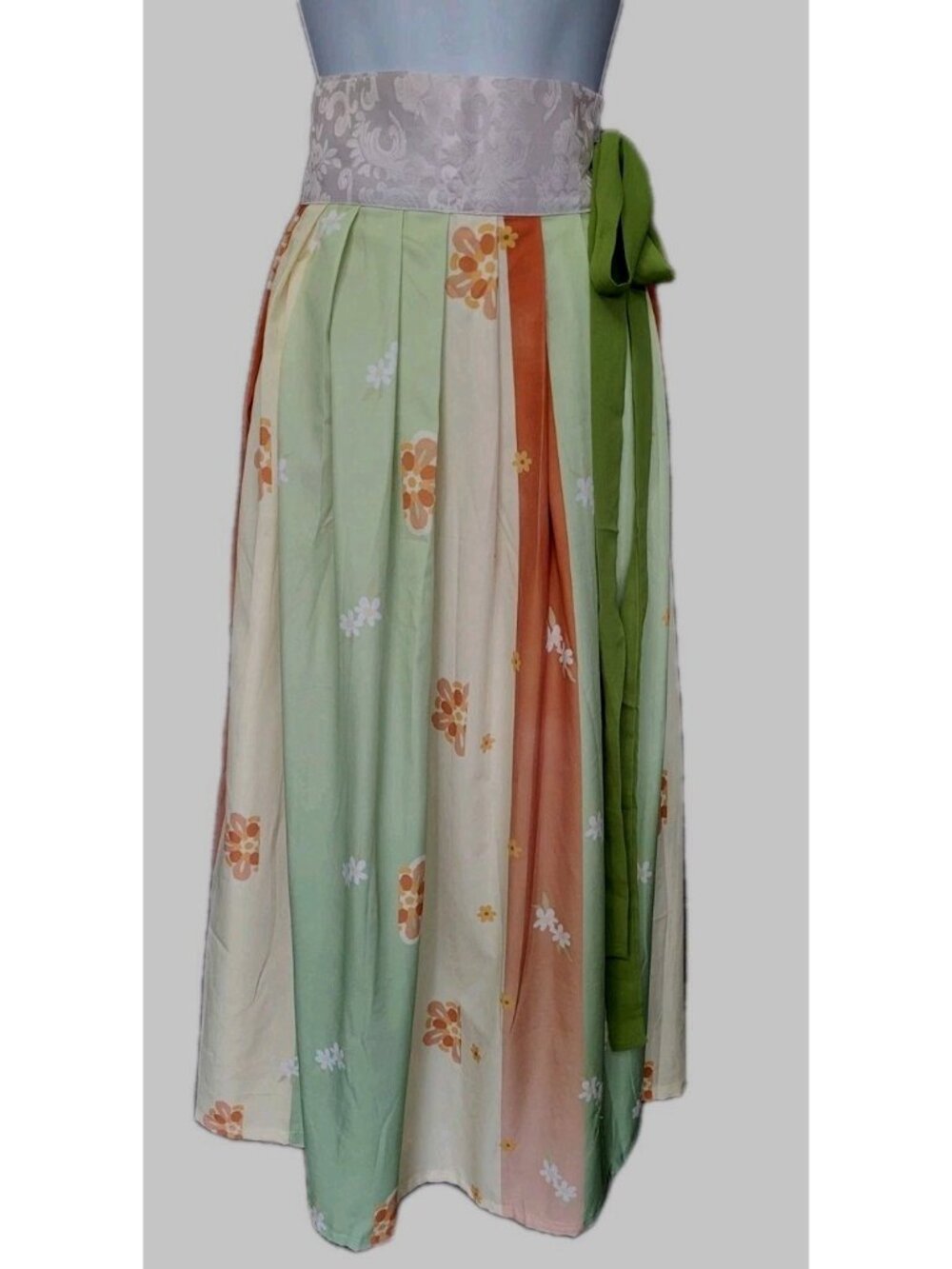 Vintage Maxi Wrap Skirt‎  M  Green Brown Beige Floral Ombre Hanfu Style